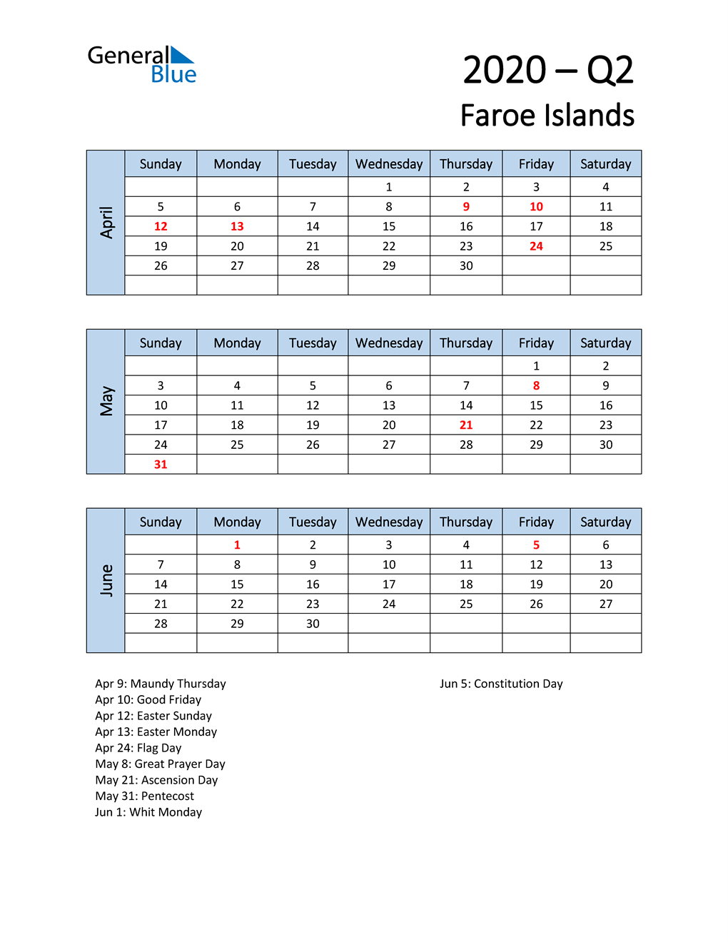  Free Q2 2020 Calendar for Faroe Islands