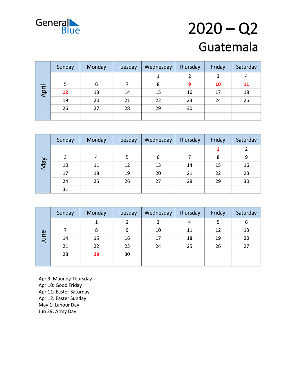  Free Q2 2020 Calendar for Guatemala