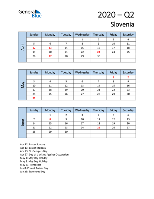  Free Q2 2020 Calendar for Slovenia