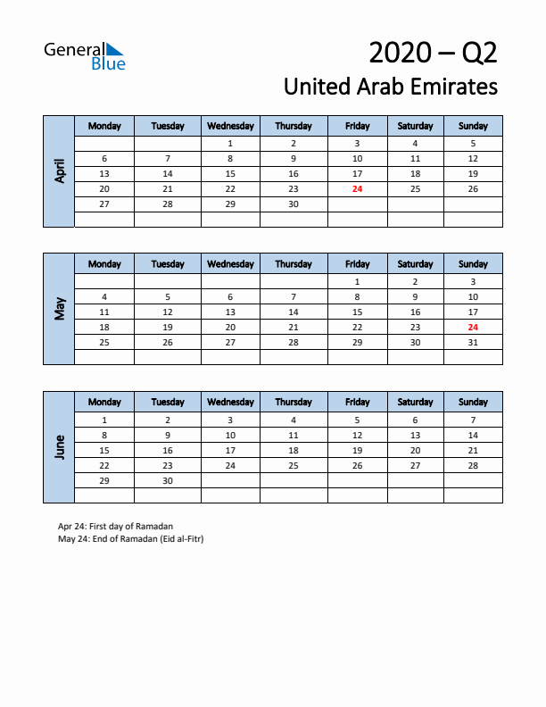 Free Q2 2020 Calendar for United Arab Emirates - Monday Start