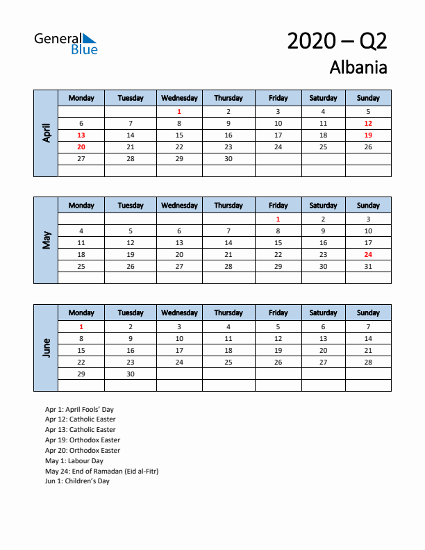 Free Q2 2020 Calendar for Albania - Monday Start