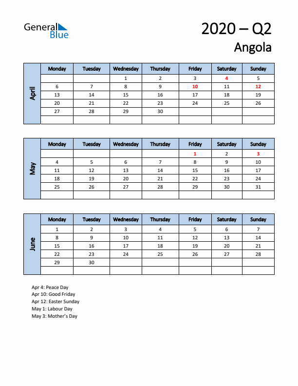 Free Q2 2020 Calendar for Angola - Monday Start