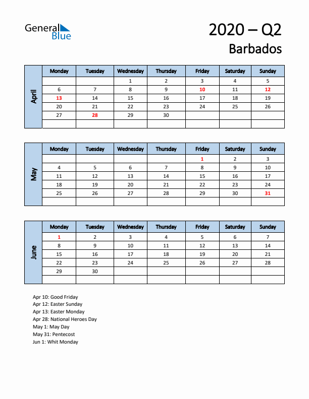 Free Q2 2020 Calendar for Barbados - Monday Start