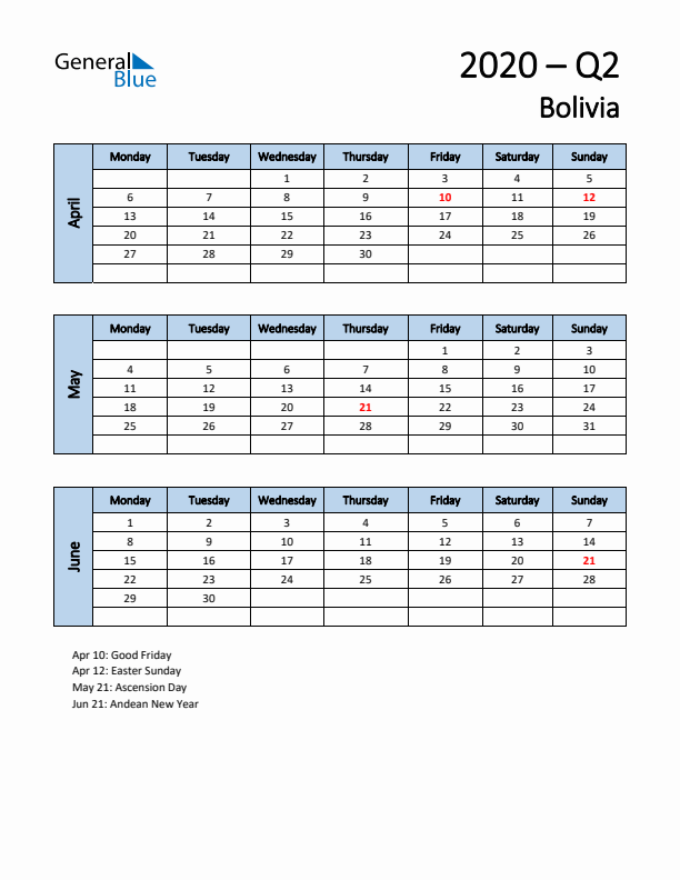 Free Q2 2020 Calendar for Bolivia - Monday Start