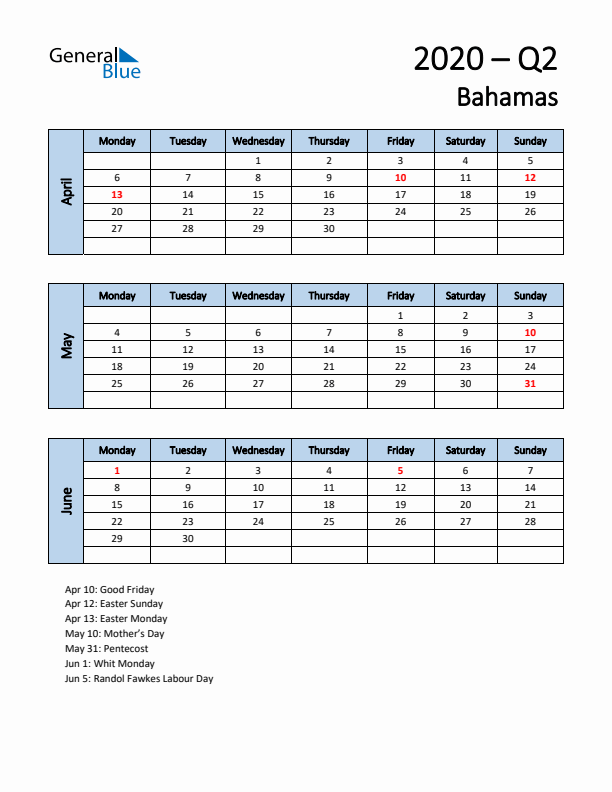 Free Q2 2020 Calendar for Bahamas - Monday Start