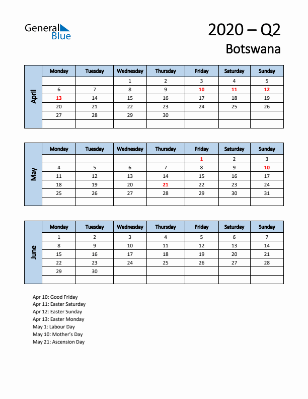 Free Q2 2020 Calendar for Botswana - Monday Start