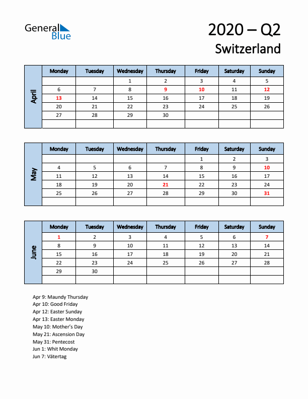 Free Q2 2020 Calendar for Switzerland - Monday Start