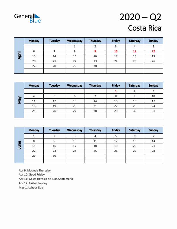 Free Q2 2020 Calendar for Costa Rica - Monday Start