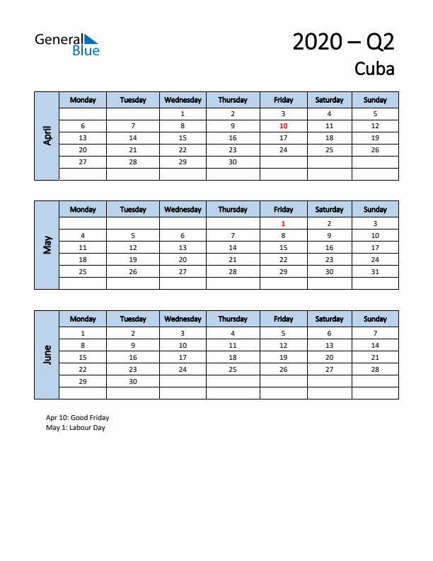 Free Q2 2020 Calendar for Cuba - Monday Start