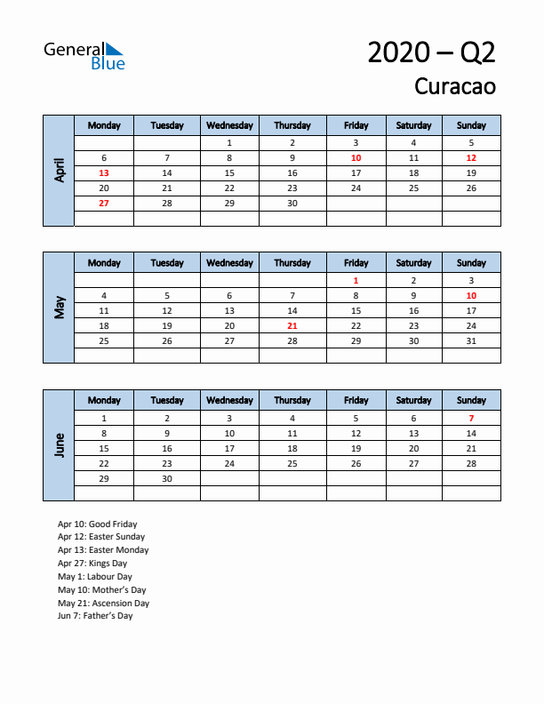 Free Q2 2020 Calendar for Curacao - Monday Start
