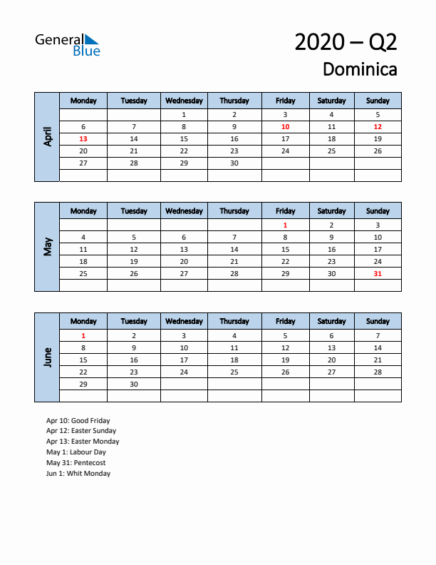 Free Q2 2020 Calendar for Dominica - Monday Start