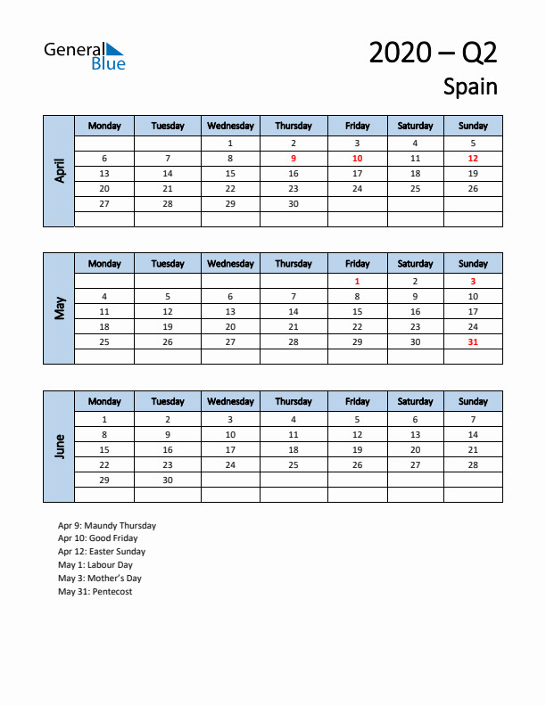 Free Q2 2020 Calendar for Spain - Monday Start