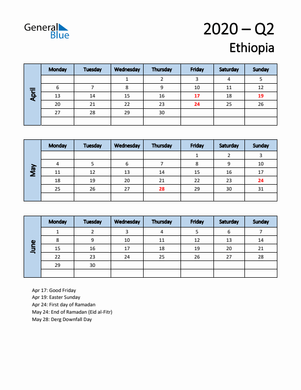 Free Q2 2020 Calendar for Ethiopia - Monday Start