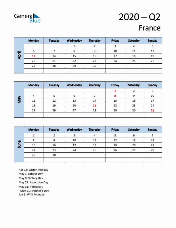 Free Q2 2020 Calendar for France - Monday Start