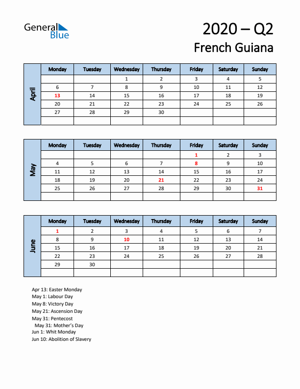 Free Q2 2020 Calendar for French Guiana - Monday Start