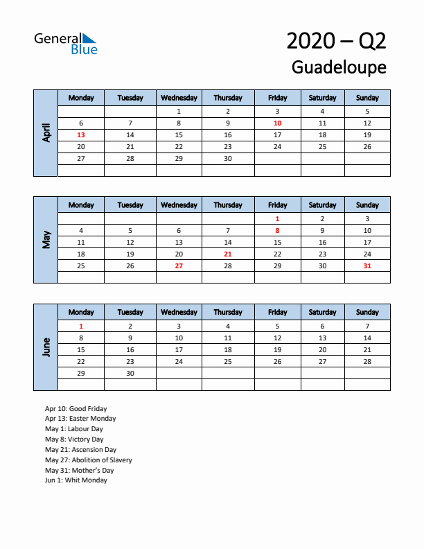 Free Q2 2020 Calendar for Guadeloupe - Monday Start