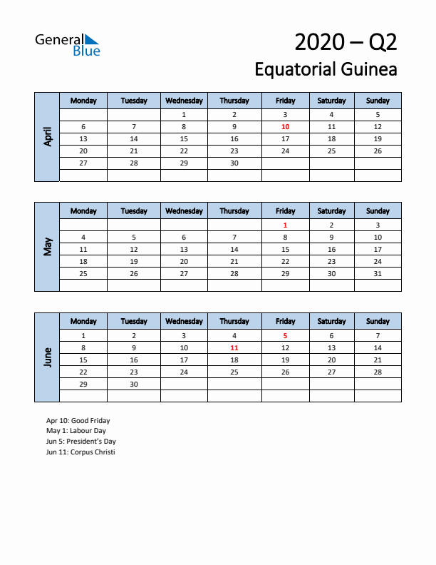 Free Q2 2020 Calendar for Equatorial Guinea - Monday Start