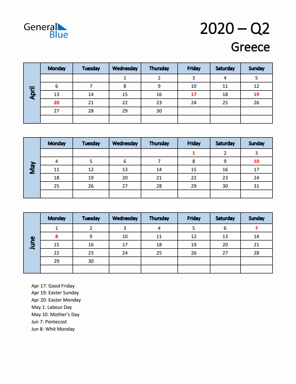 Free Q2 2020 Calendar for Greece - Monday Start