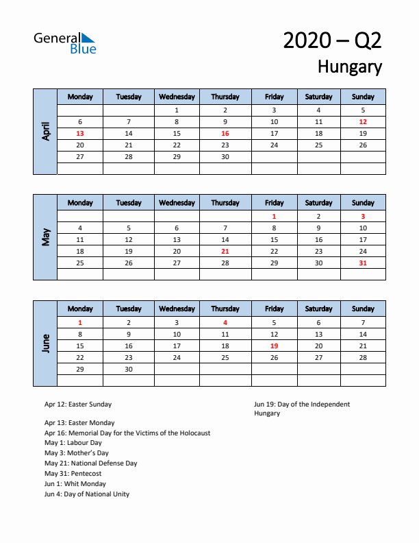 Free Q2 2020 Calendar for Hungary - Monday Start