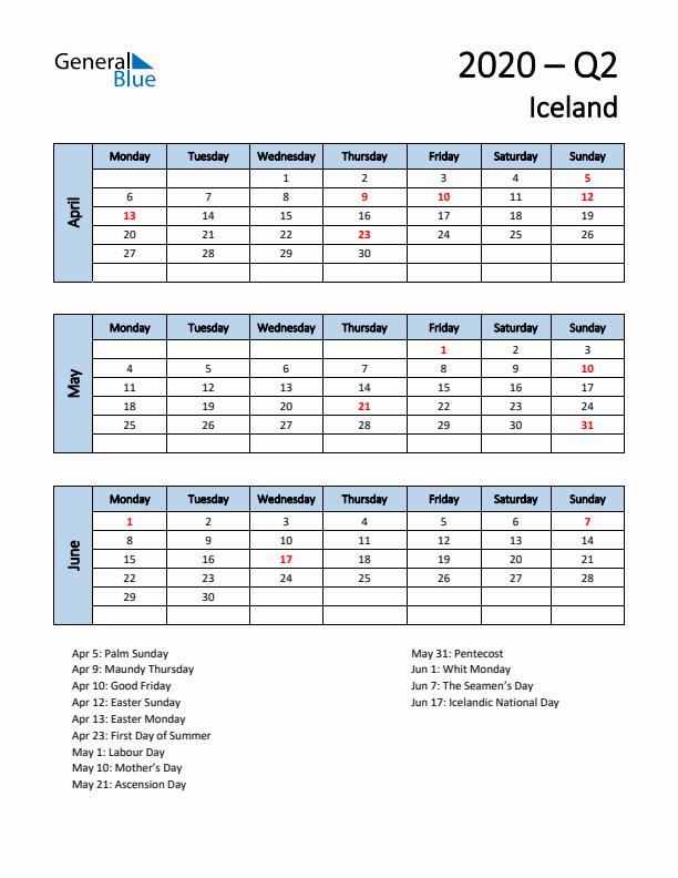 Free Q2 2020 Calendar for Iceland - Monday Start