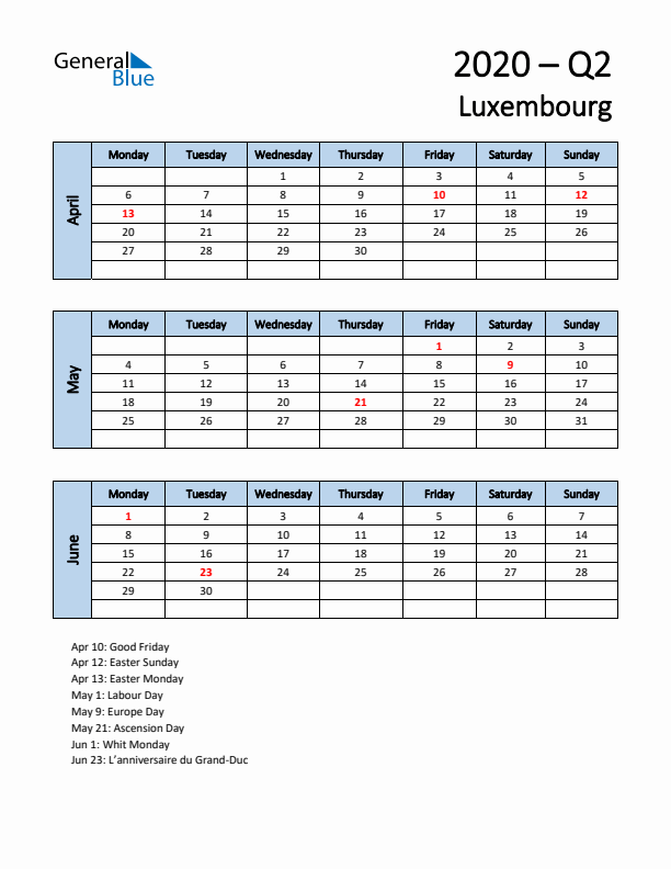 Free Q2 2020 Calendar for Luxembourg - Monday Start