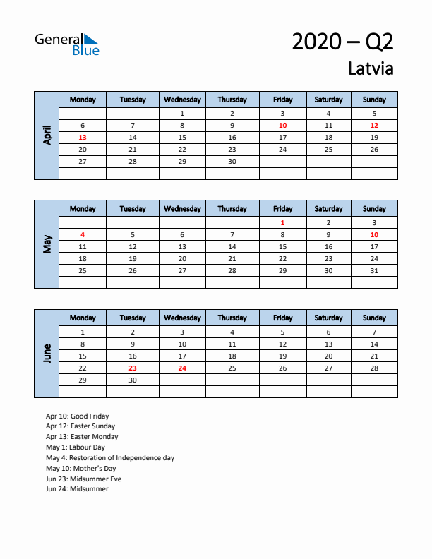 Free Q2 2020 Calendar for Latvia - Monday Start