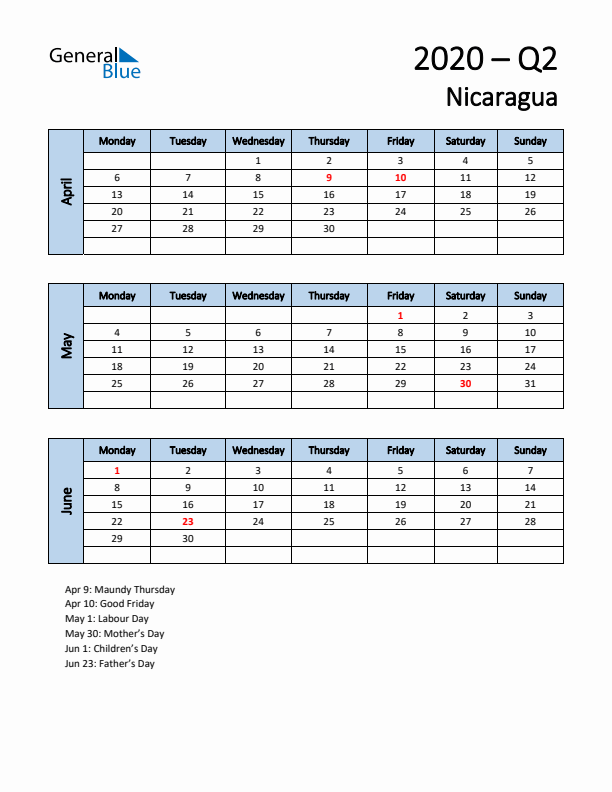 Free Q2 2020 Calendar for Nicaragua - Monday Start