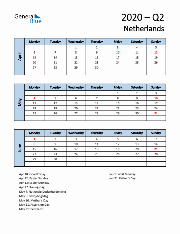 Free Q2 2020 Calendar for The Netherlands - Monday Start