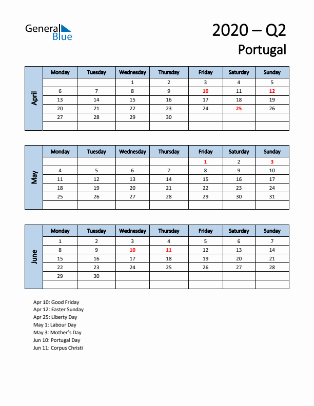 Free Q2 2020 Calendar for Portugal - Monday Start