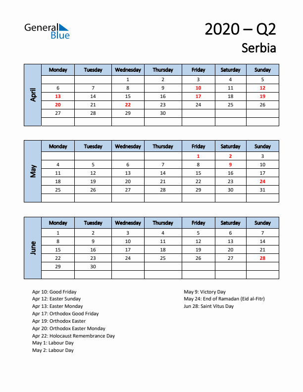 Free Q2 2020 Calendar for Serbia - Monday Start