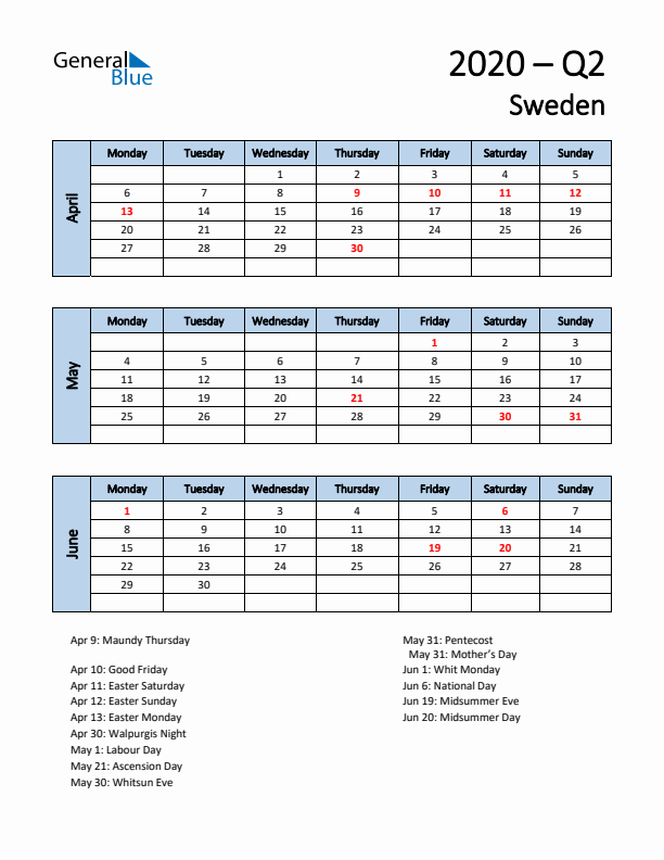 Free Q2 2020 Calendar for Sweden - Monday Start