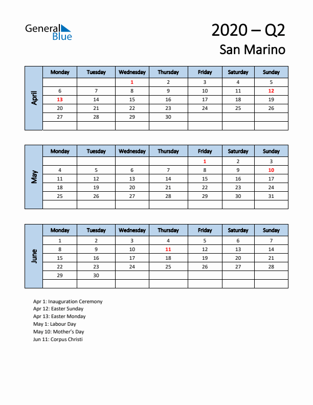 Free Q2 2020 Calendar for San Marino - Monday Start