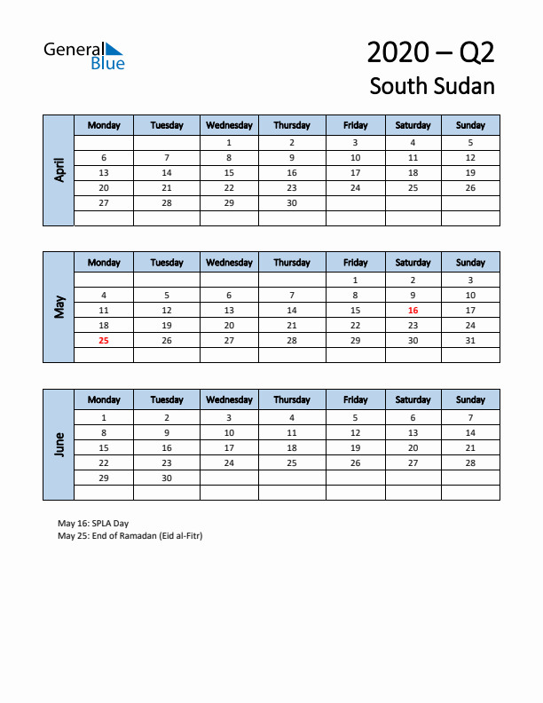Free Q2 2020 Calendar for South Sudan - Monday Start
