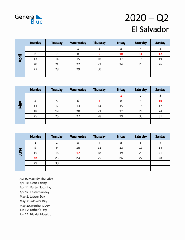 Free Q2 2020 Calendar for El Salvador - Monday Start