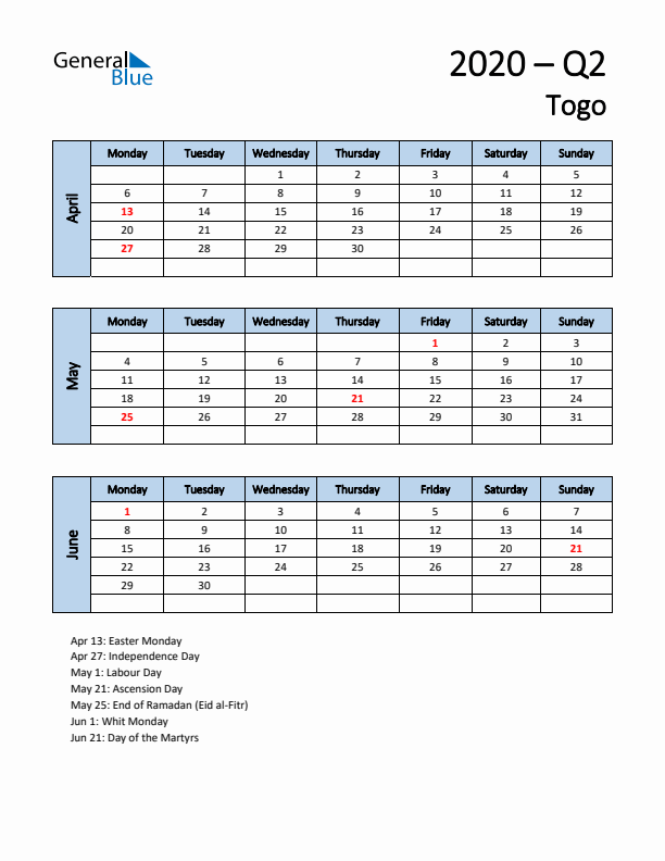 Free Q2 2020 Calendar for Togo - Monday Start