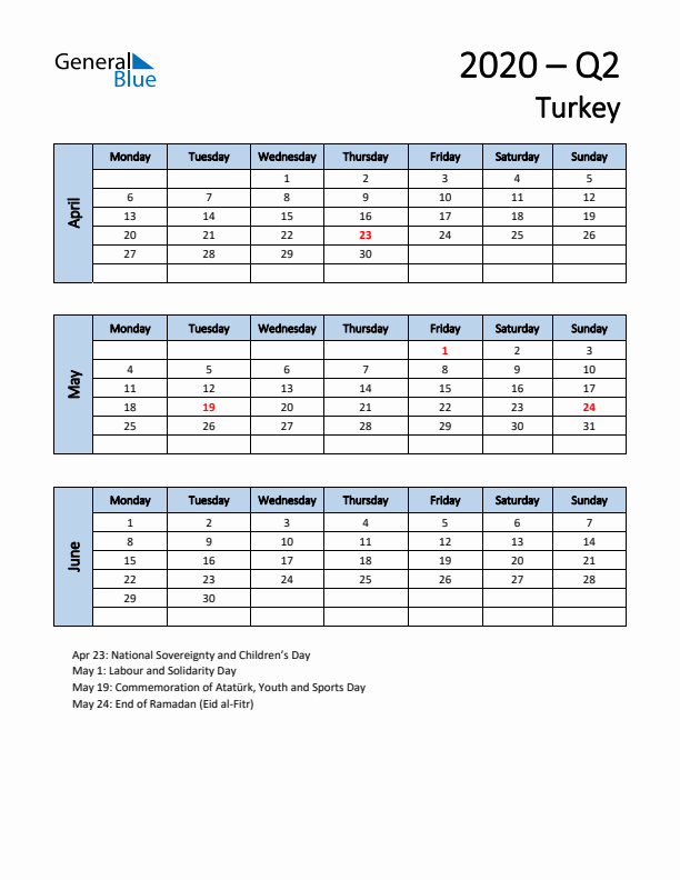 Free Q2 2020 Calendar for Turkey - Monday Start