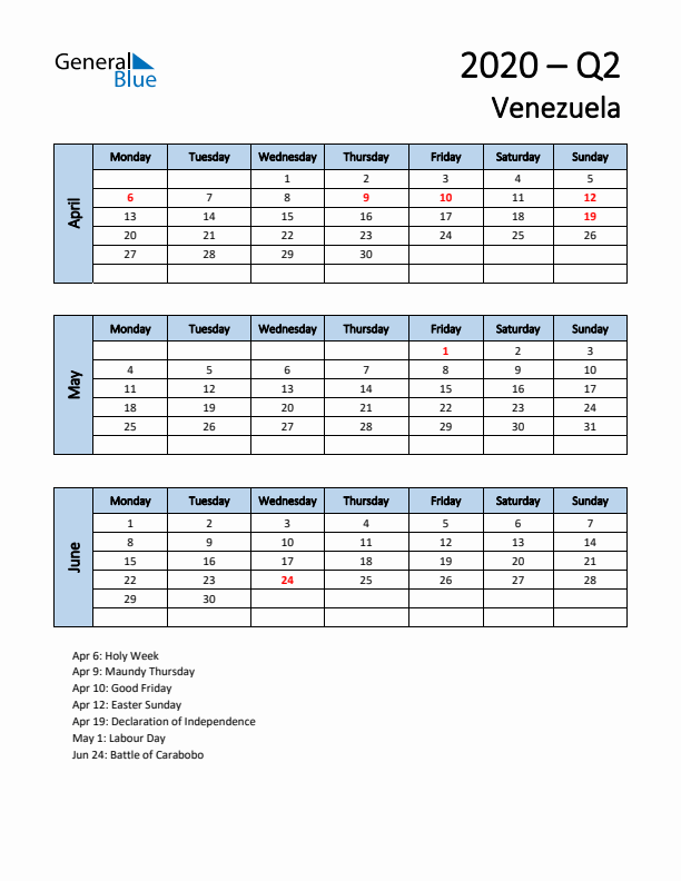 Free Q2 2020 Calendar for Venezuela - Monday Start