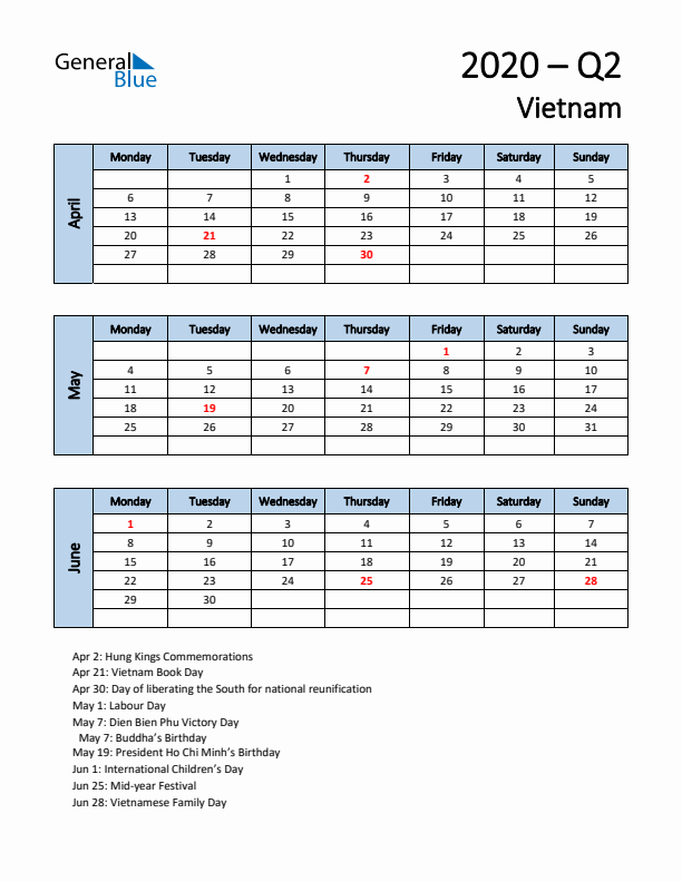 Free Q2 2020 Calendar for Vietnam - Monday Start
