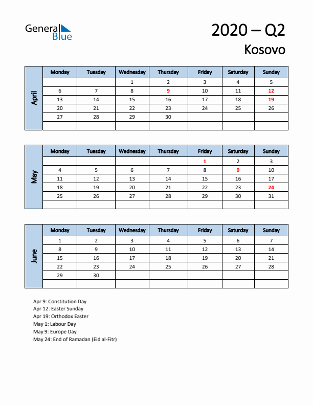 Free Q2 2020 Calendar for Kosovo - Monday Start
