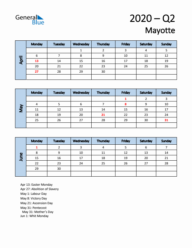 Free Q2 2020 Calendar for Mayotte - Monday Start