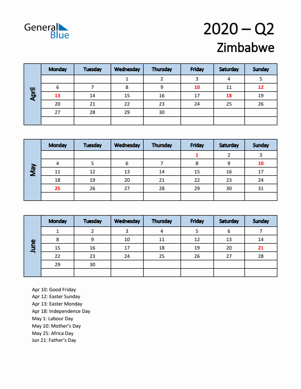 Free Q2 2020 Calendar for Zimbabwe - Monday Start