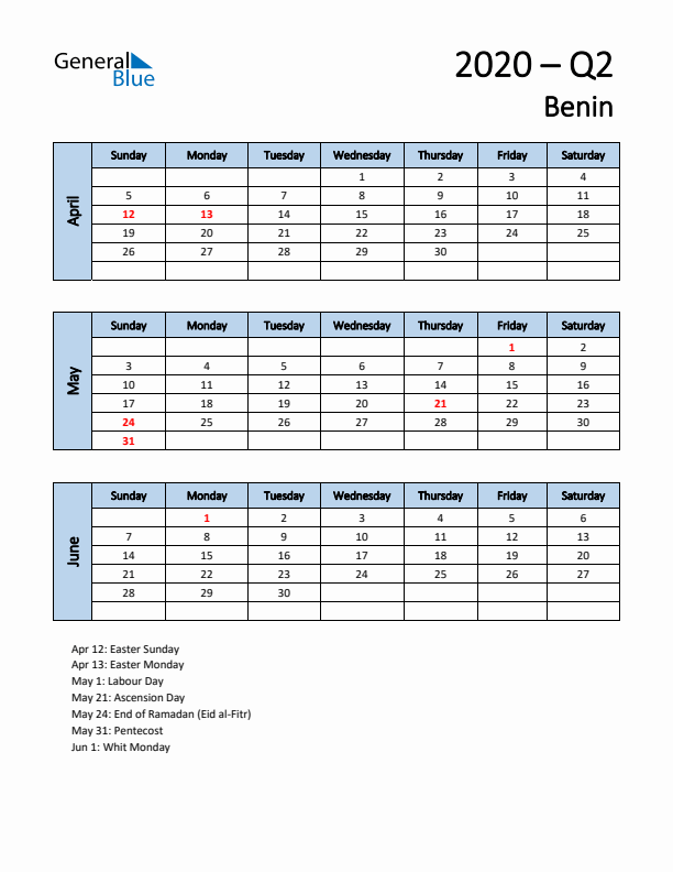 Free Q2 2020 Calendar for Benin - Sunday Start