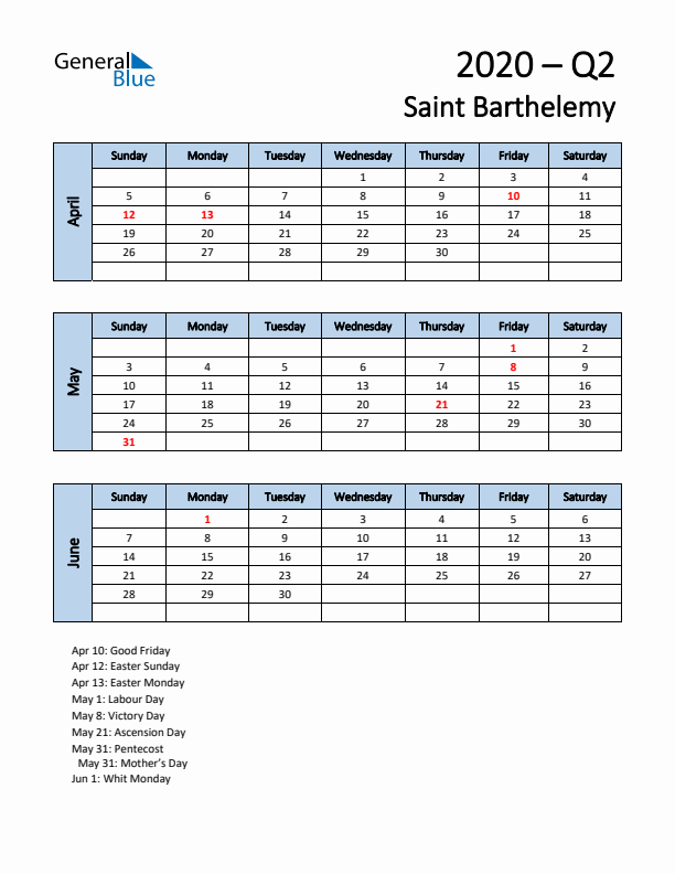 Free Q2 2020 Calendar for Saint Barthelemy - Sunday Start