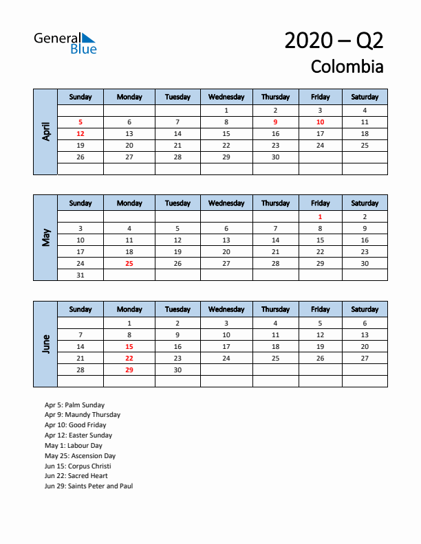 Free Q2 2020 Calendar for Colombia - Sunday Start