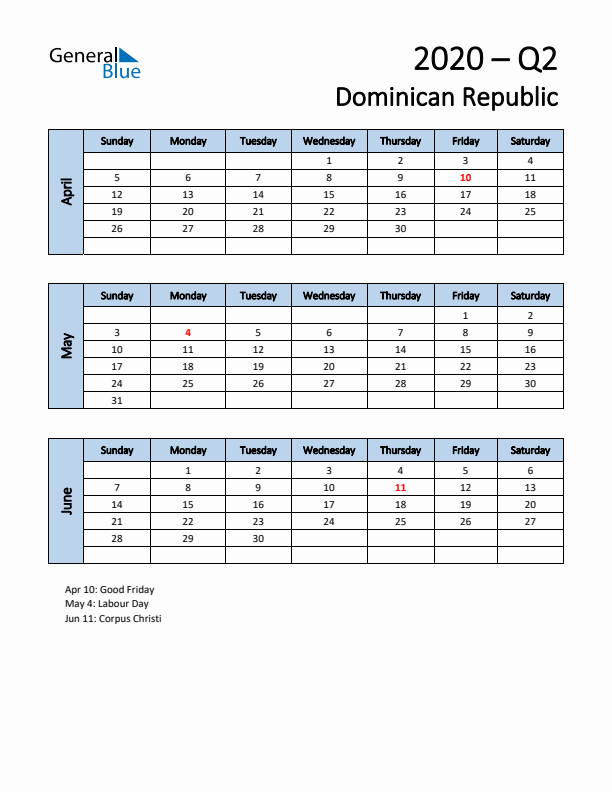 Free Q2 2020 Calendar for Dominican Republic - Sunday Start