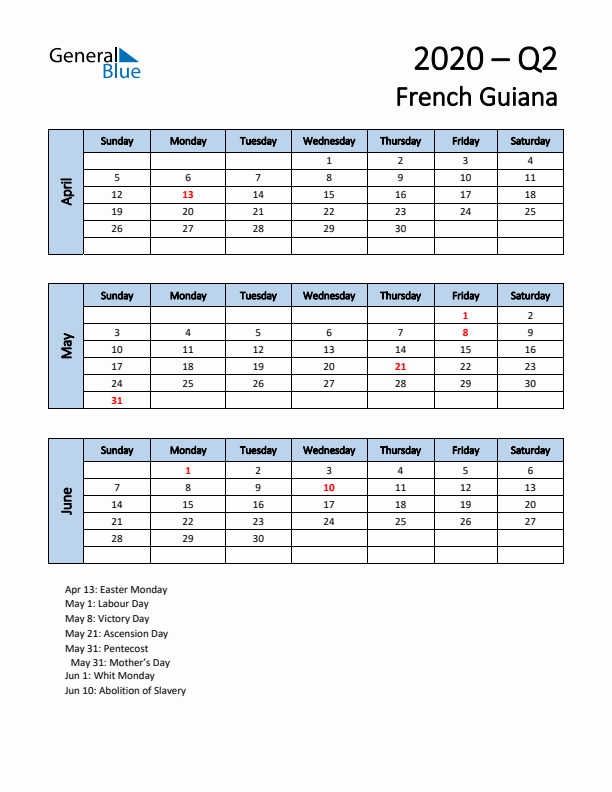 Free Q2 2020 Calendar for French Guiana - Sunday Start