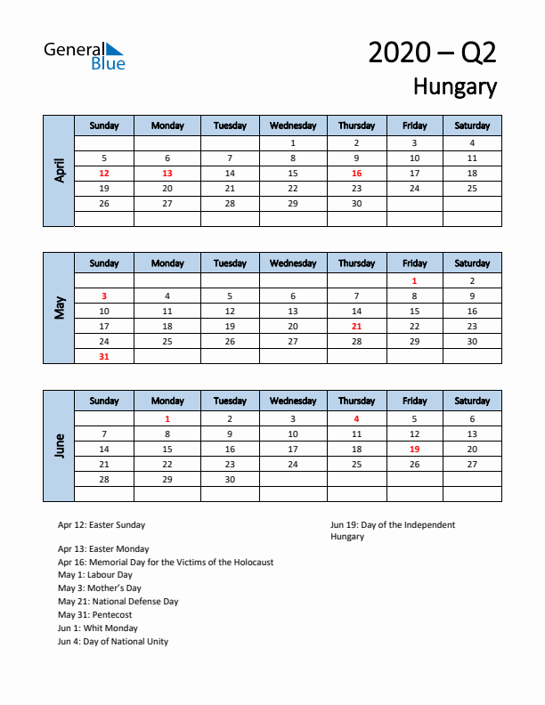 Free Q2 2020 Calendar for Hungary - Sunday Start