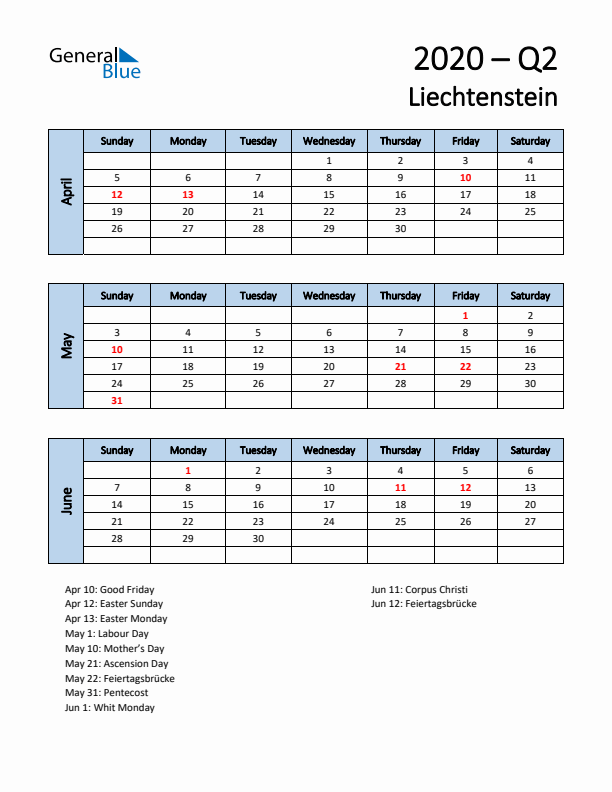 Free Q2 2020 Calendar for Liechtenstein - Sunday Start