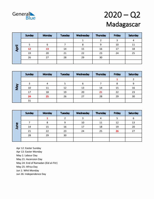 Free Q2 2020 Calendar for Madagascar - Sunday Start