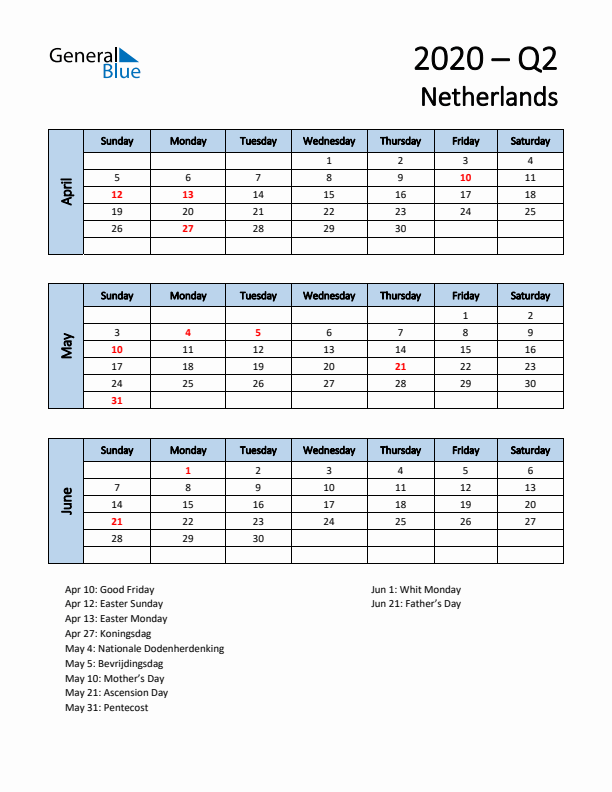 Free Q2 2020 Calendar for The Netherlands - Sunday Start